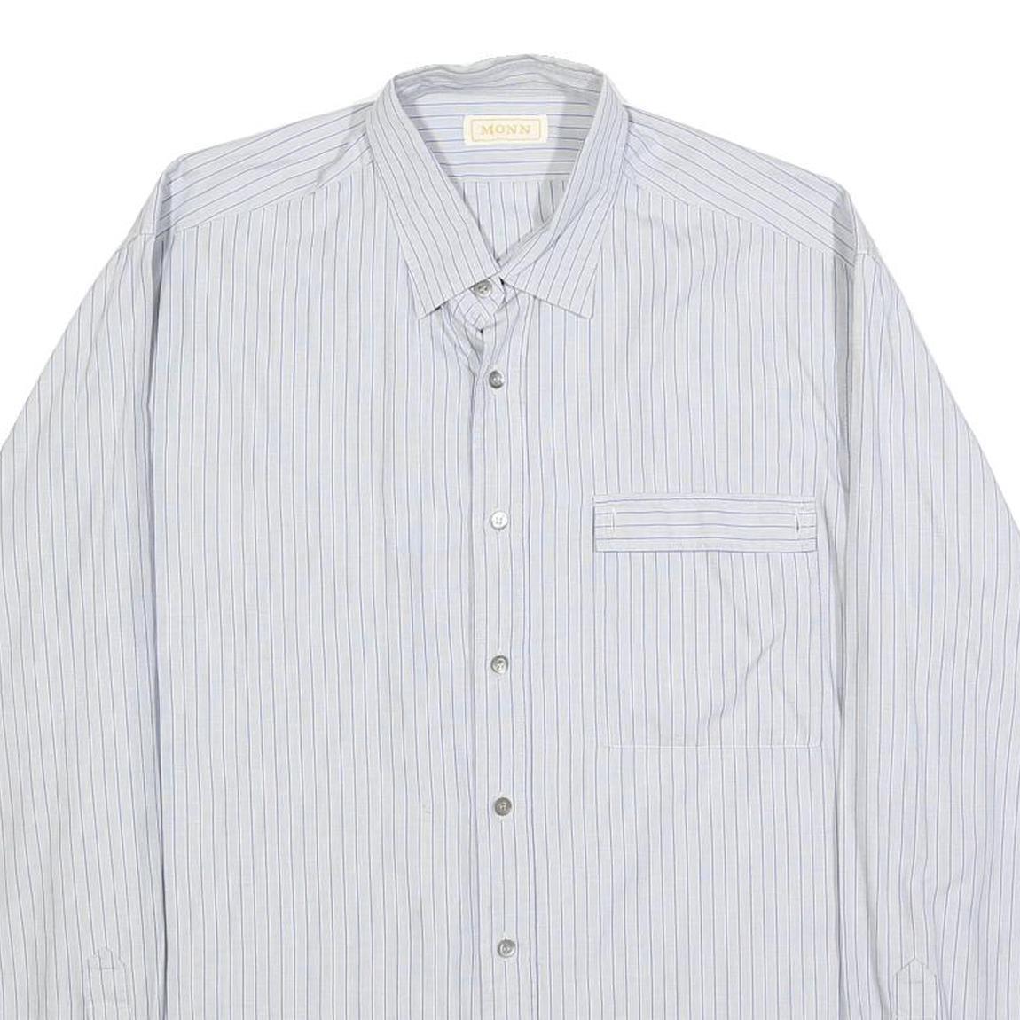 MONN Mens White & Blue Striped Shirt L Cotton Long Sleeve Button Casual