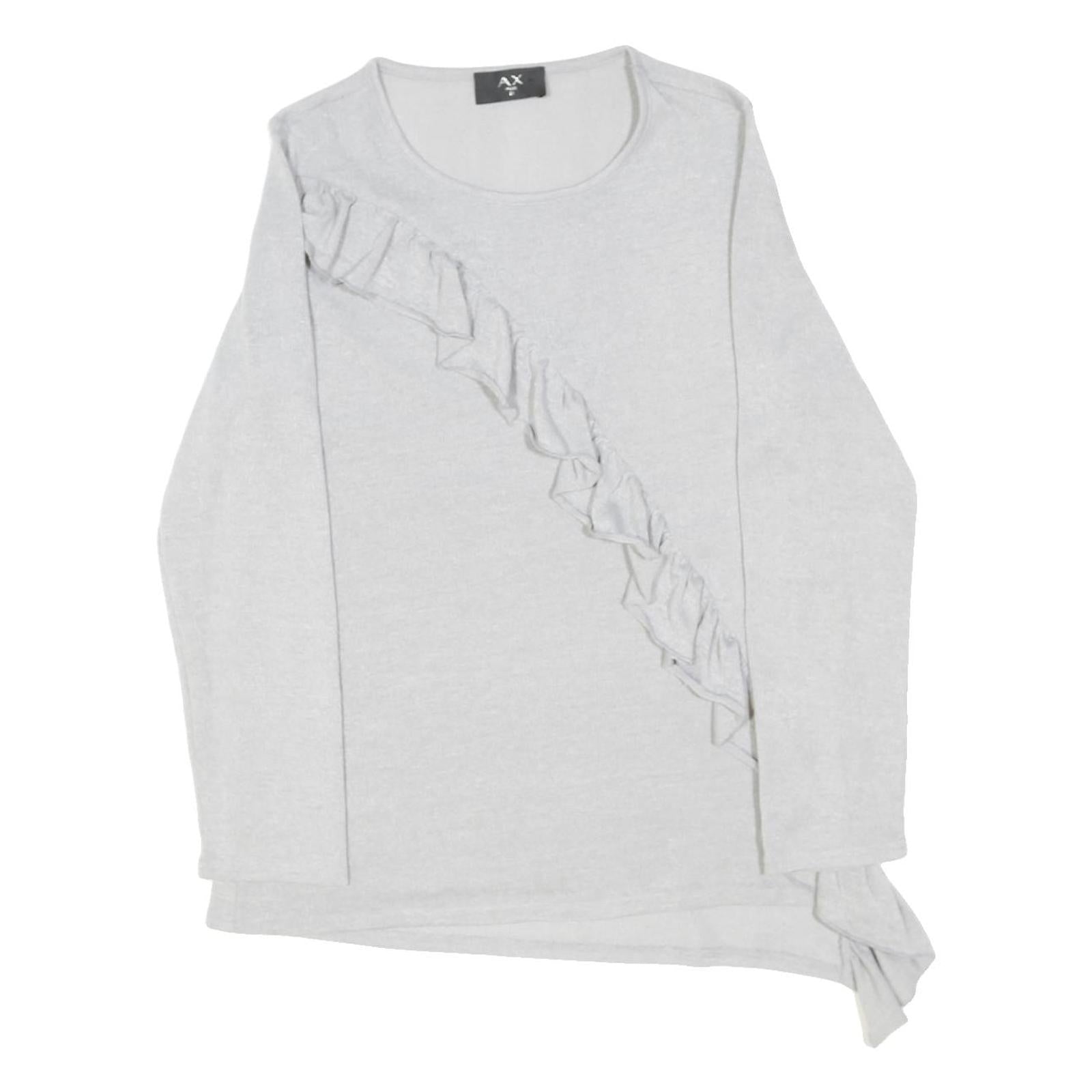 AX PARIS Womens Grey Ruffle Detail Long Sleeve Crew Neck Top M Cotton Blend