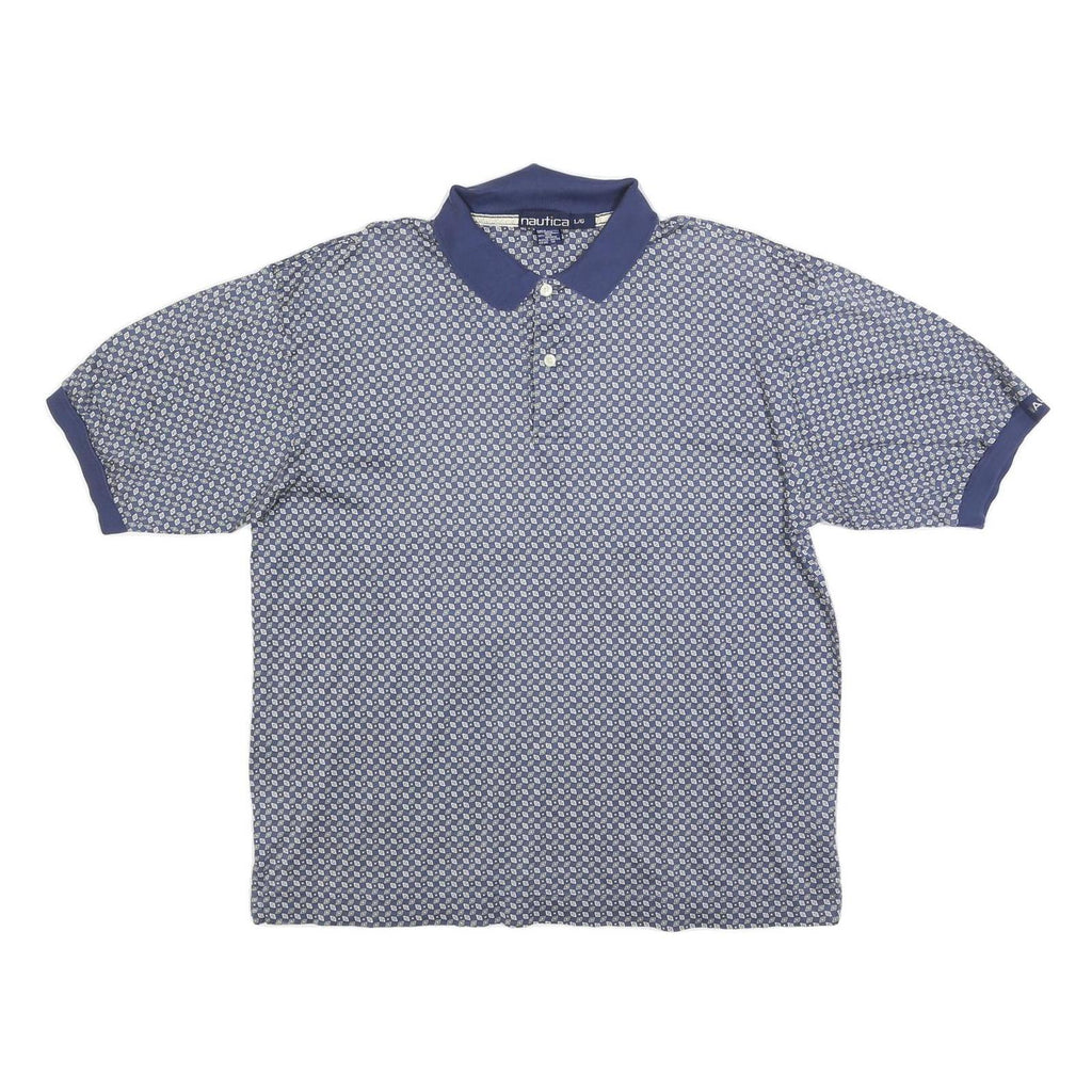NAUTICA Mens Blue & White Printed Short Sleeve Polo Shirt L Cotton Blend Casual