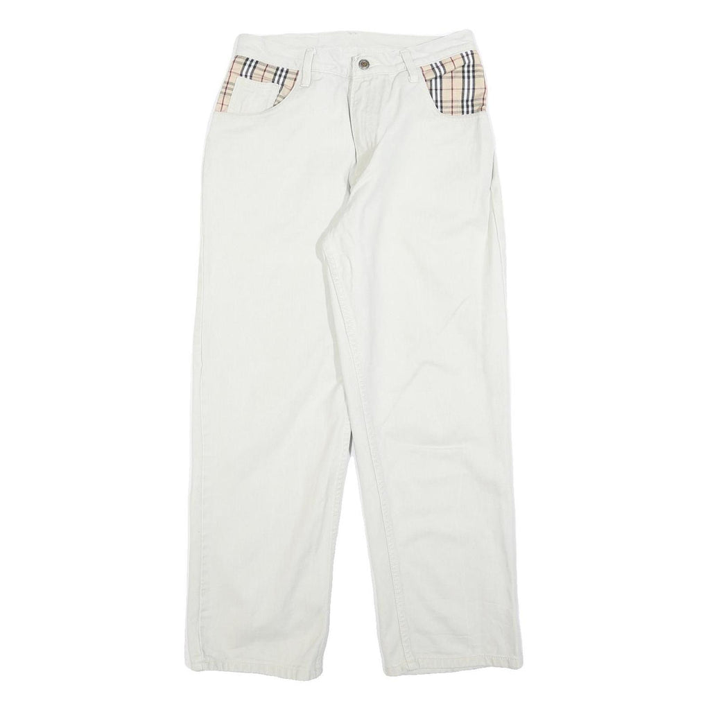 BULERZ Womens Jeans White Relaxed Straight Denim W28 L28 Checked Pocket Trim