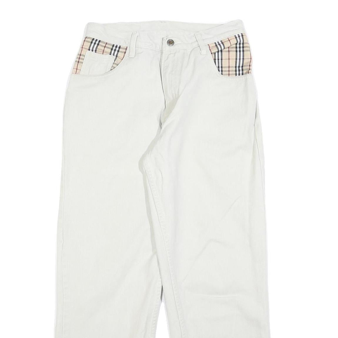 BULERZ Womens Jeans White Relaxed Straight Denim W28 L28 Checked Pocket Trim