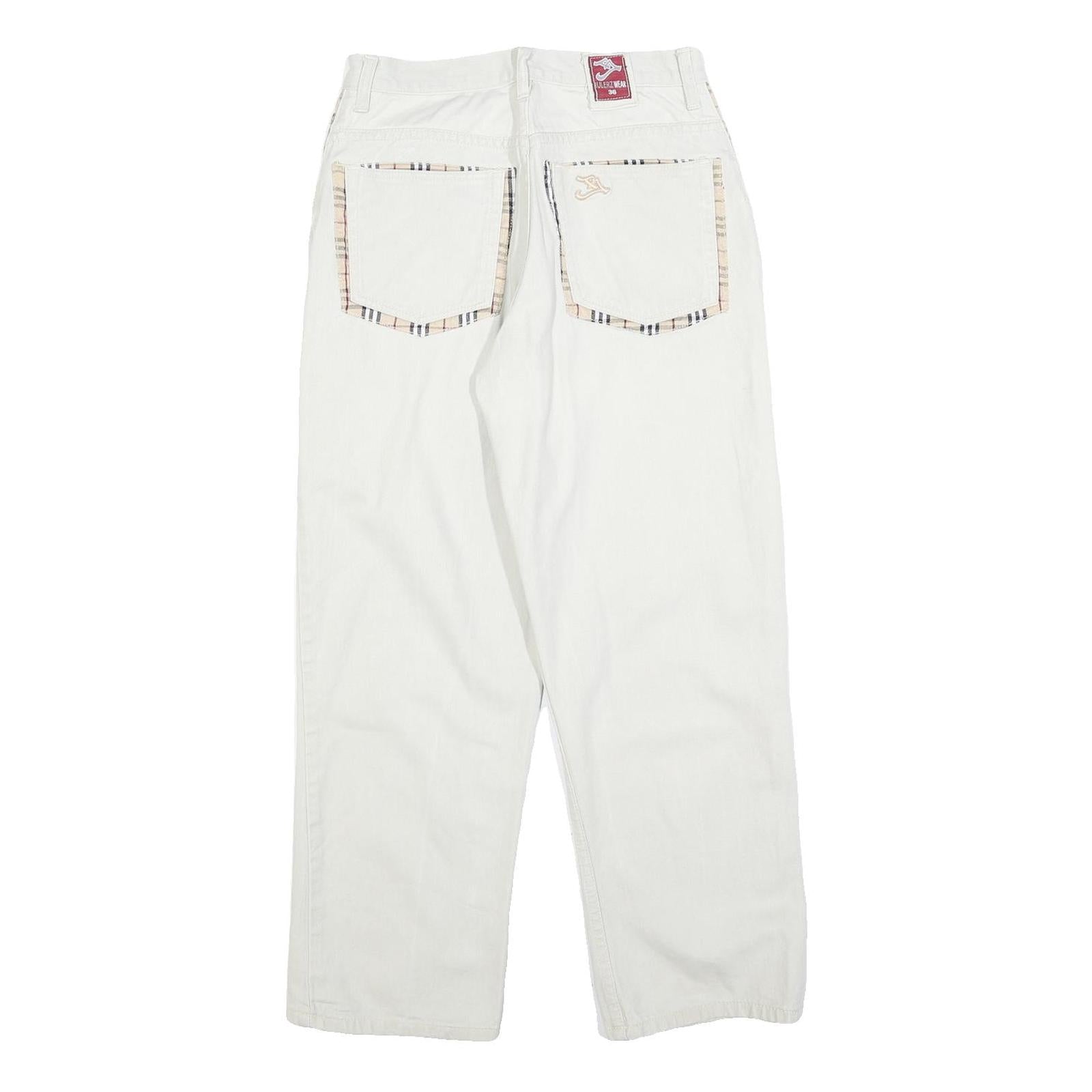 BULERZ Womens Jeans White Relaxed Straight Denim W28 L28 Checked Pocket Trim