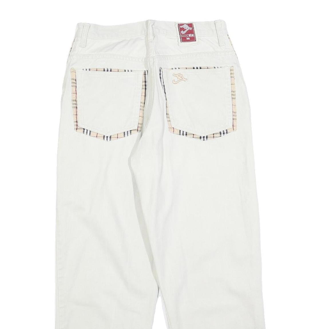 BULERZ Womens Jeans White Relaxed Straight Denim W28 L28 Checked Pocket Trim