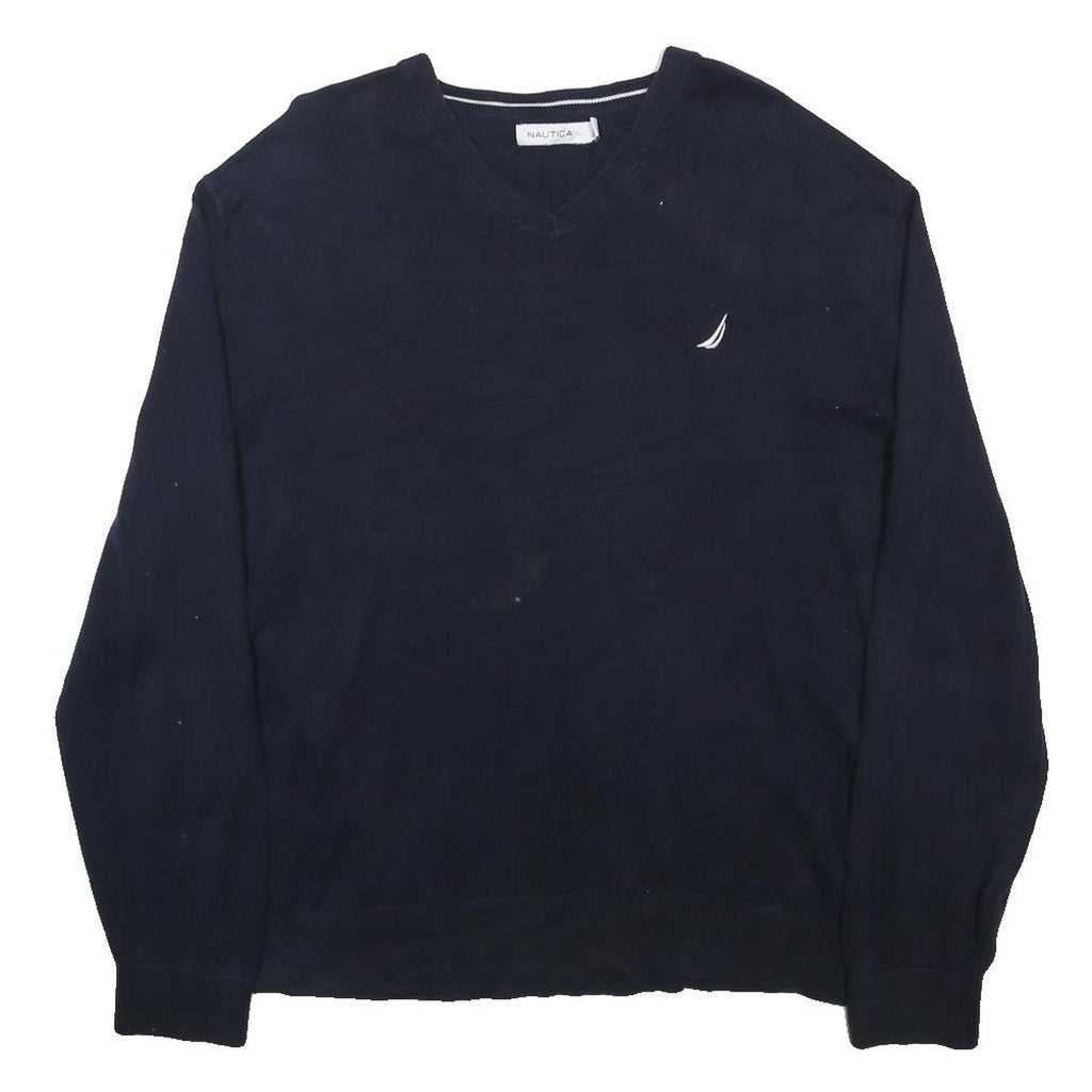NAUTICA Mens Navy Plain V-Neck Basic Knit 2XL Cotton Casual Jumper