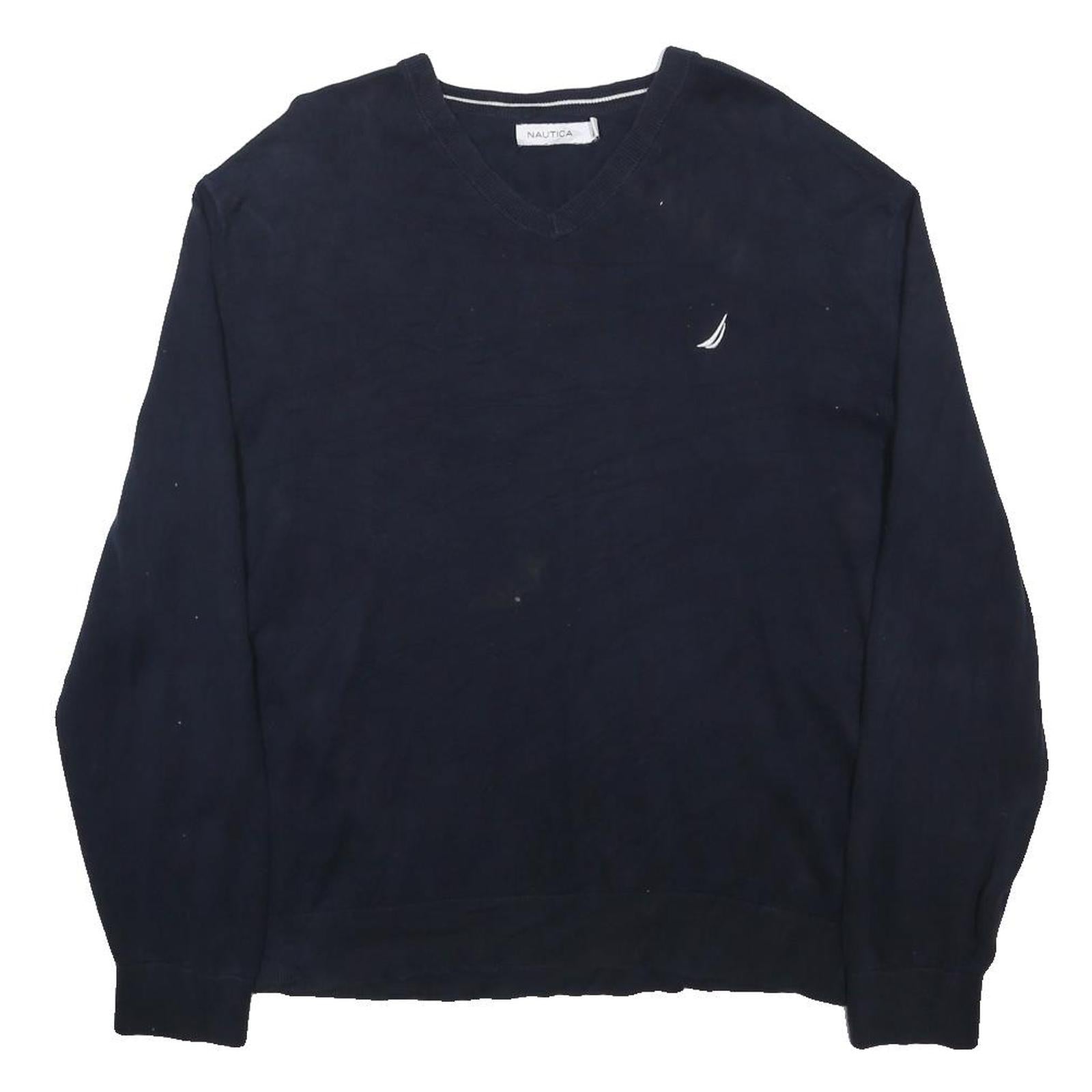 NAUTICA Mens Navy Plain V-Neck Basic Knit 2XL Cotton Casual Jumper