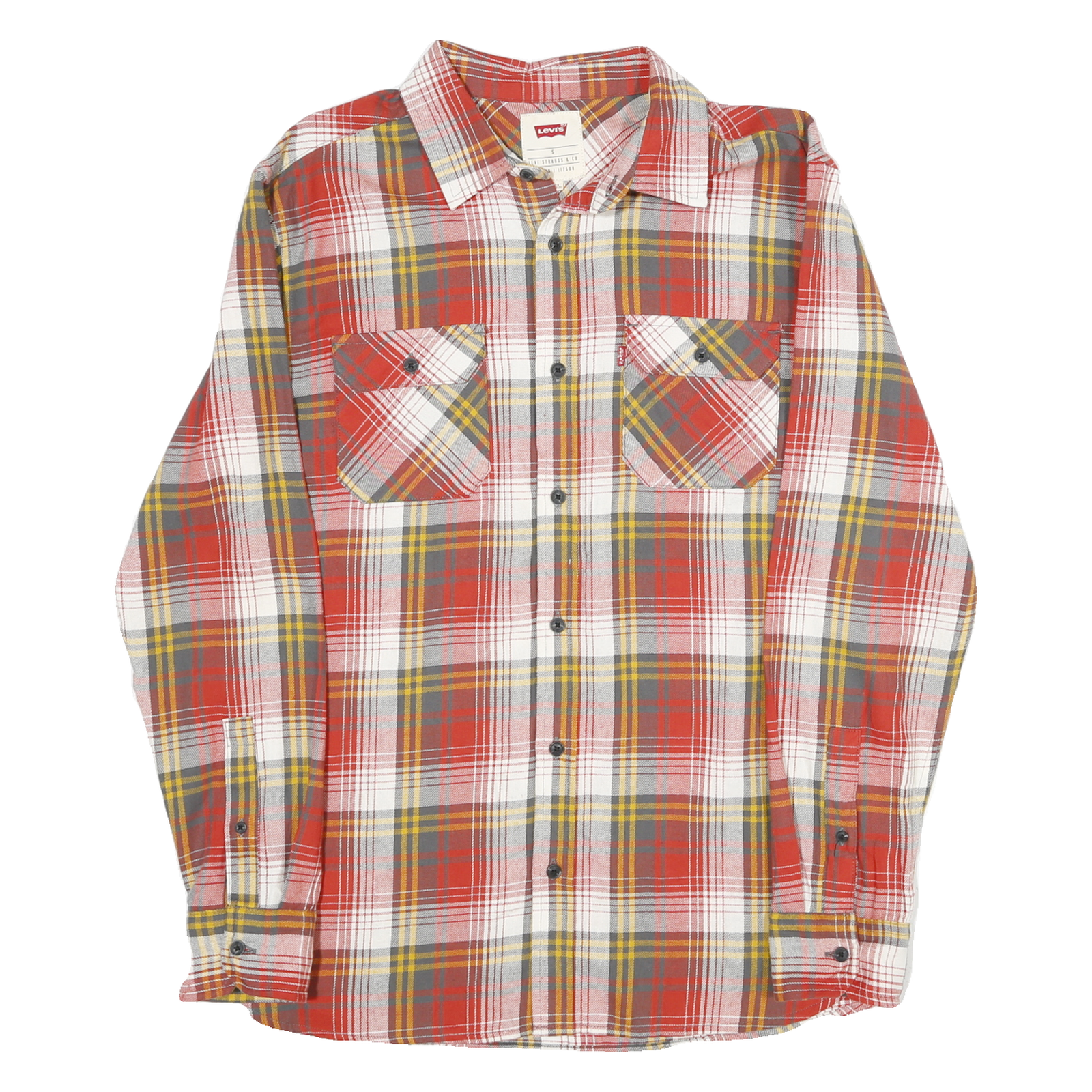 LEVI'S Mens Red White & Yellow Check Shirt S Classic Cotton Long Sleeve