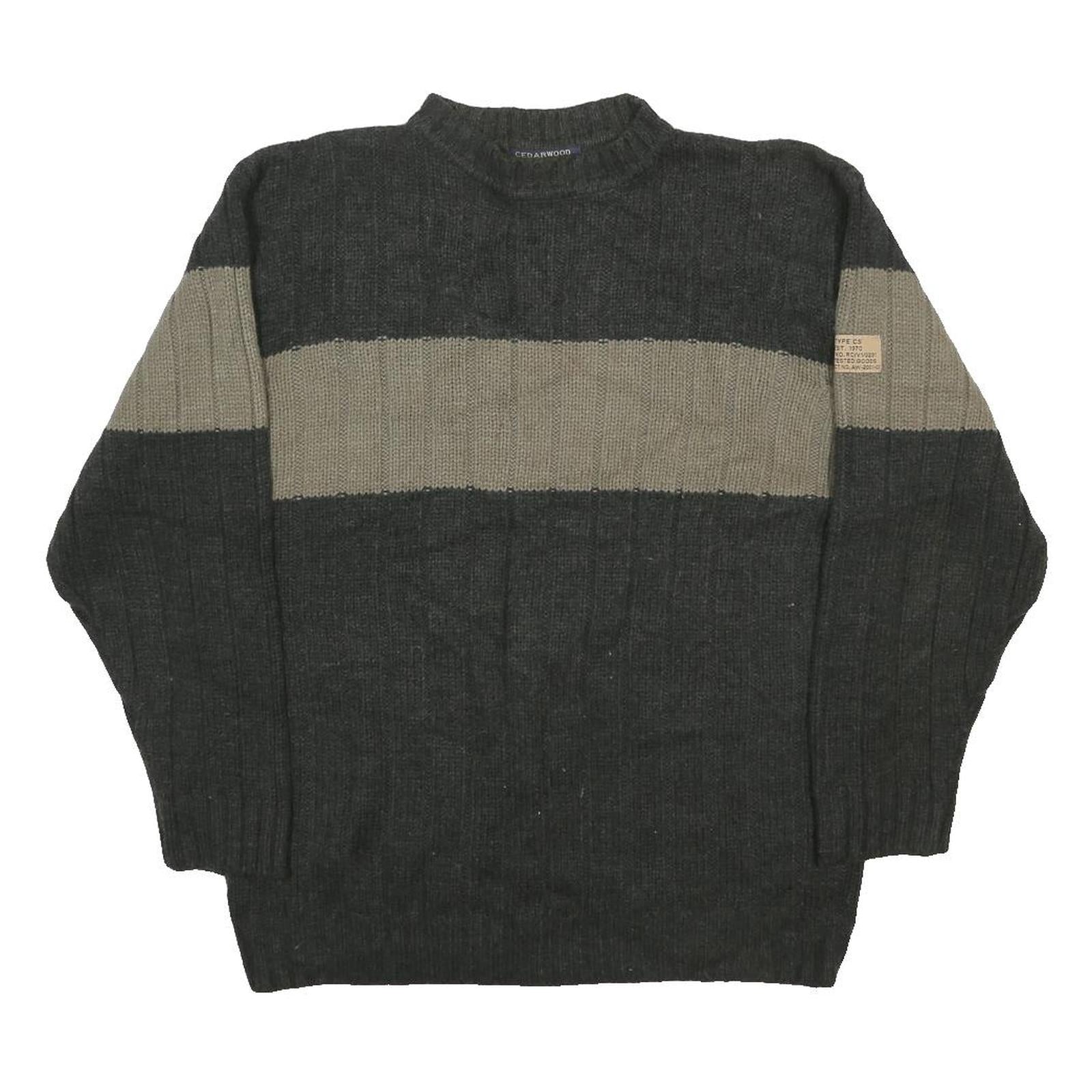 CEDARWOOD STATE Mens Grey & Beige Patterned Jumper Crew Neck Chunky Knit M