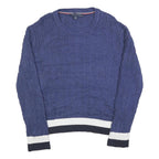 TOMMY HILFIGER Womens Blue Patterned Jumper Crew Neck Cable Knit XL Cotton