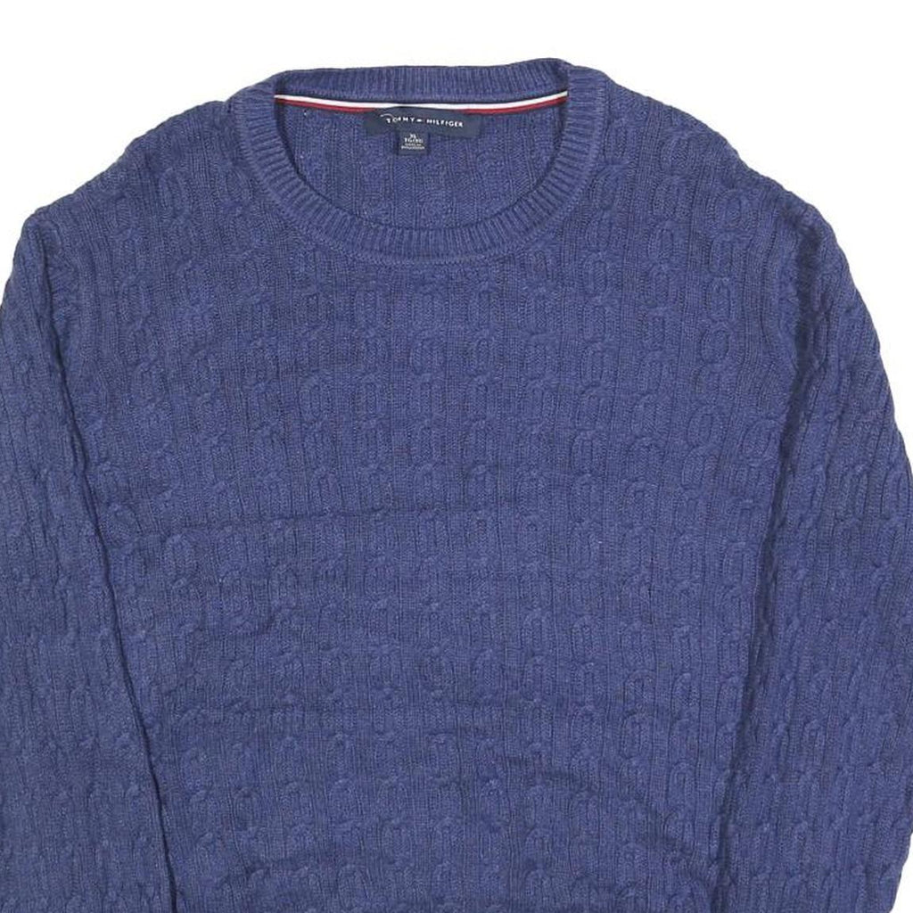 TOMMY HILFIGER Womens Blue Patterned Jumper Crew Neck Cable Knit XL Cotton