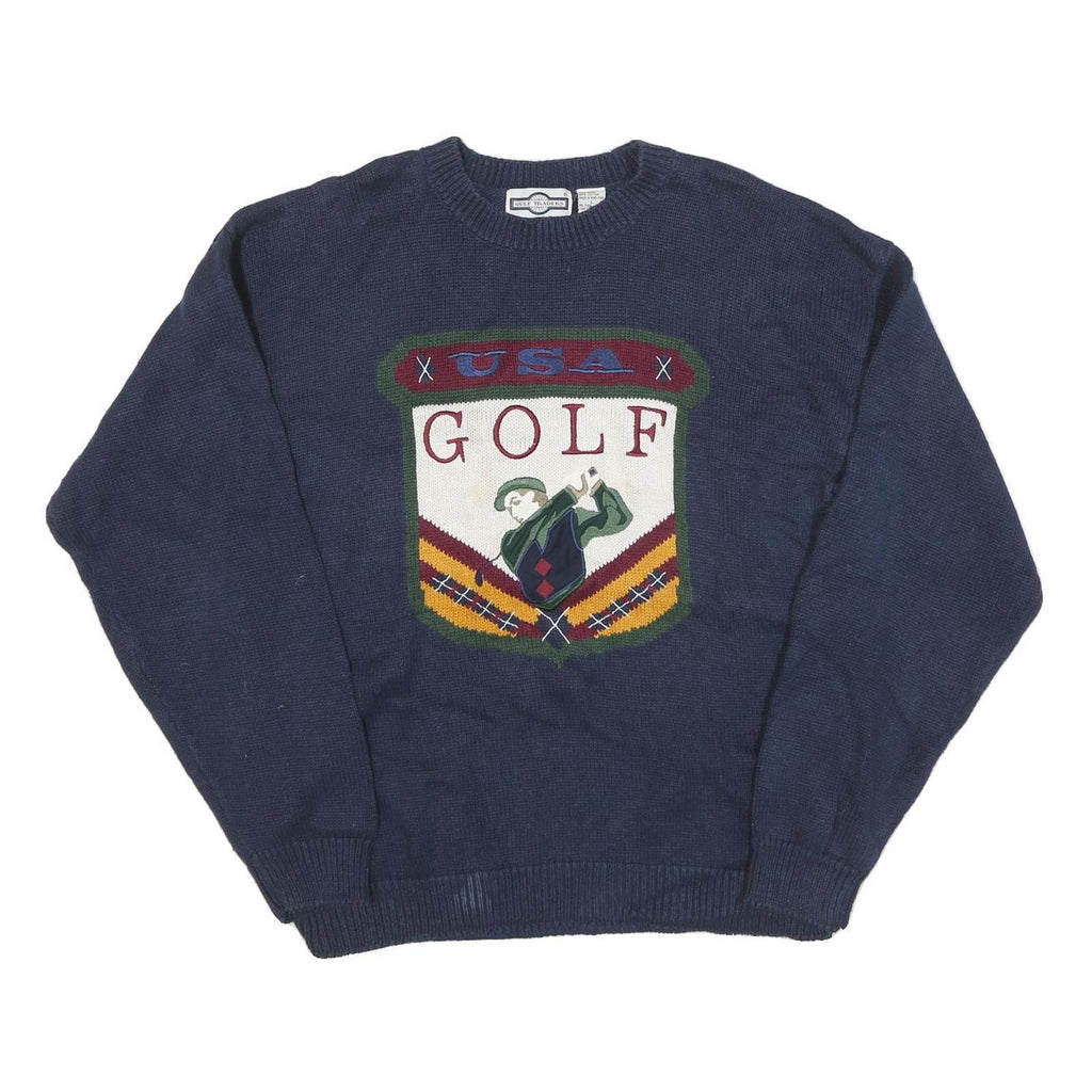GULF TRADERS Mens Blue USA Golf Patterned Crew Neck Basic Knit Jumper L Cotton