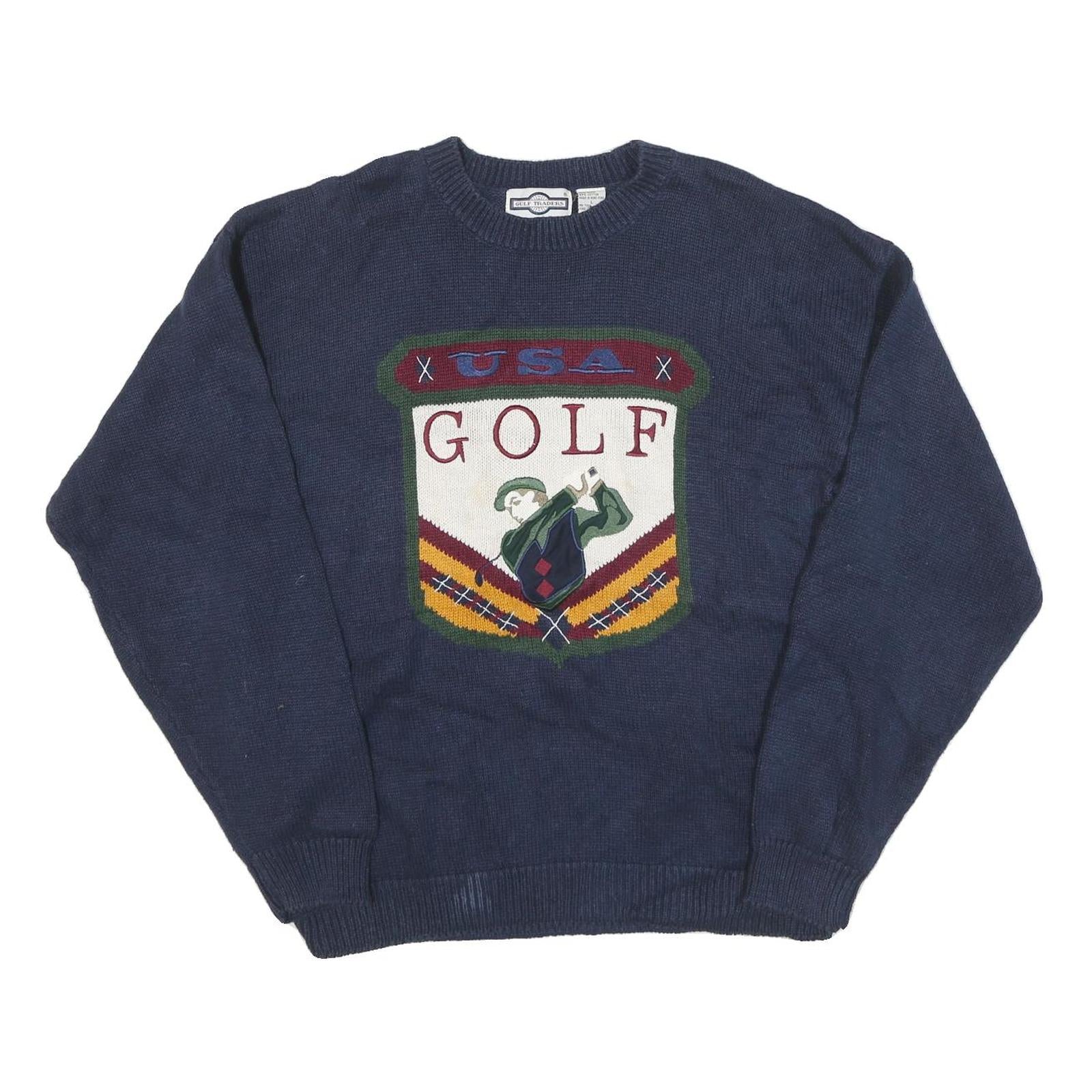GULF TRADERS Mens Blue USA Golf Patterned Crew Neck Basic Knit Jumper L Cotton