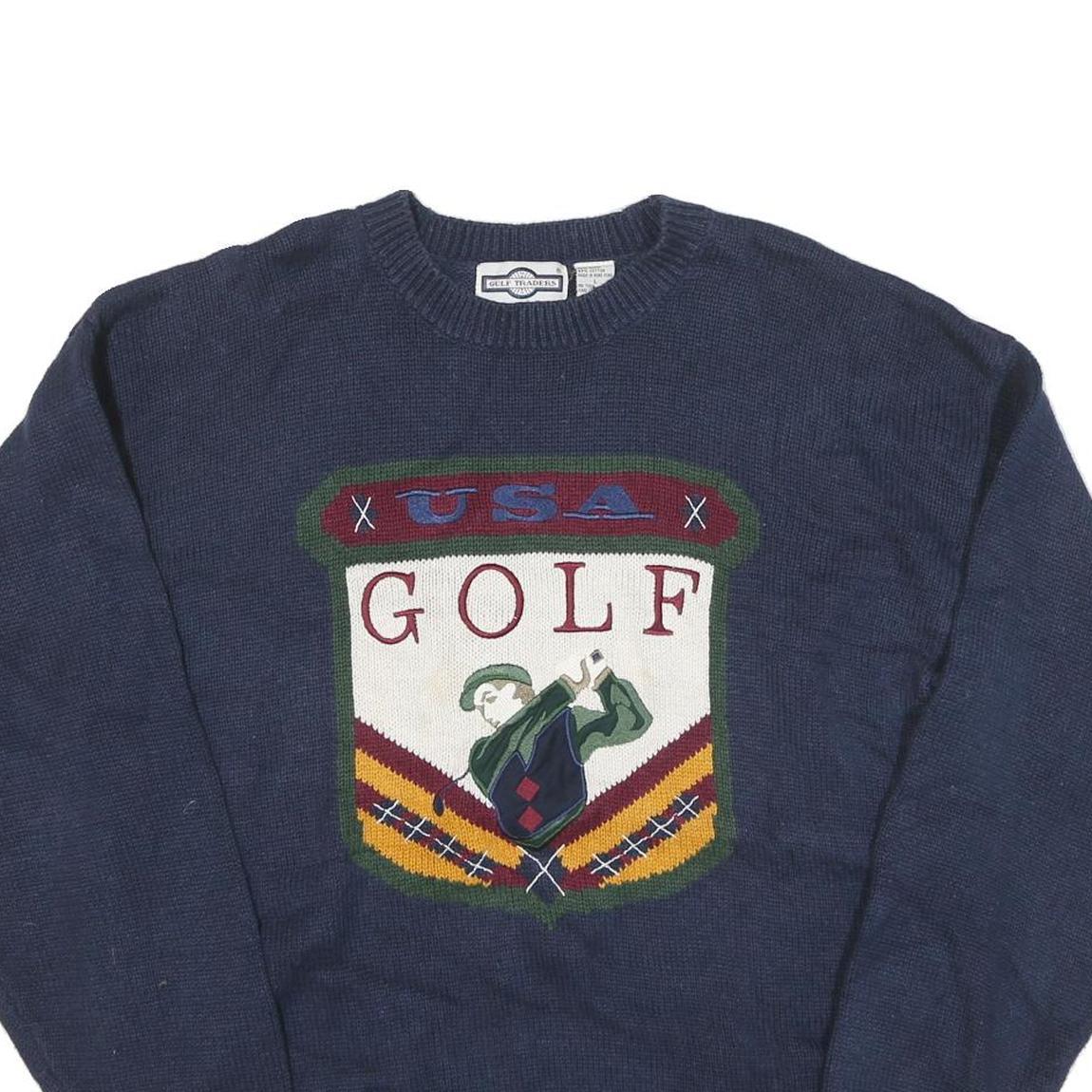 GULF TRADERS Mens Blue USA Golf Patterned Crew Neck Basic Knit Jumper L Cotton