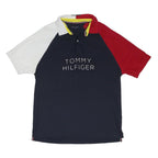 TOMMY HILFIGER Mens Navy Red & White Cotton Blend Polo Shirt L Embroidered Logo