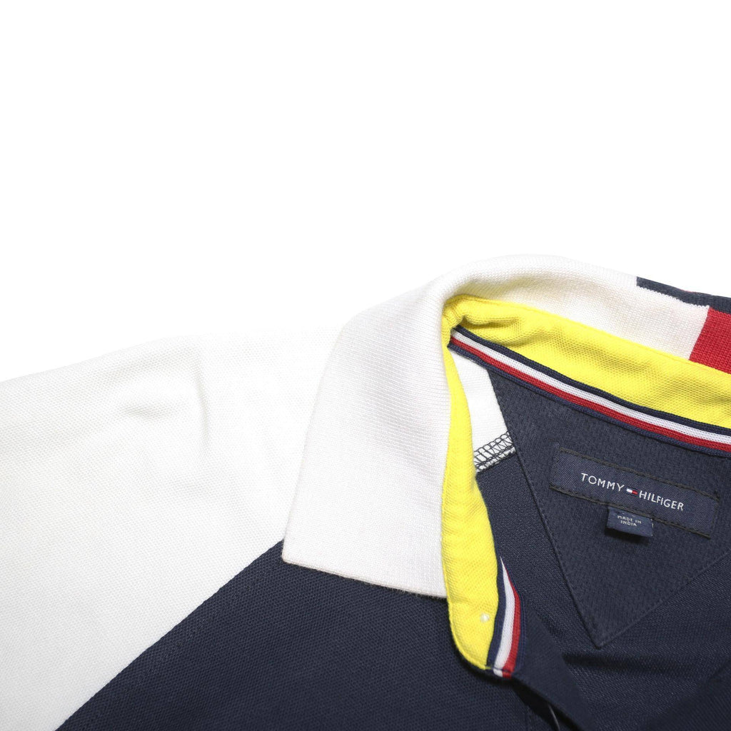 TOMMY HILFIGER Mens Navy Red & White Cotton Blend Polo Shirt L Embroidered Logo