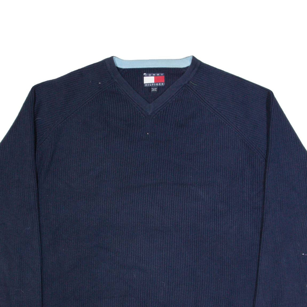 TOMMY HILFIGER Mens Jumper Blue V-Neck Tight Knit 2XL