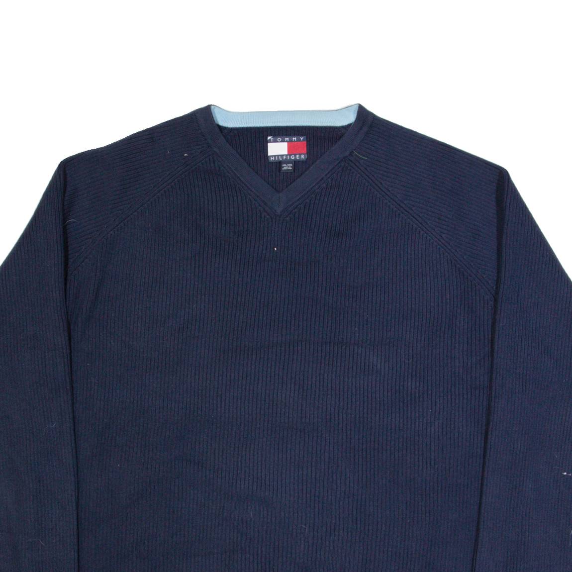 TOMMY HILFIGER Mens Jumper Blue V-Neck Tight Knit 2XL