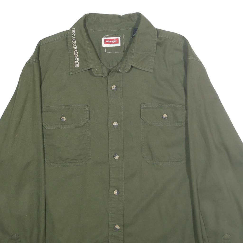 WRANGLER Mens Green Cotton Blend Casual Shirt L Button Pocket Long Sleeve
