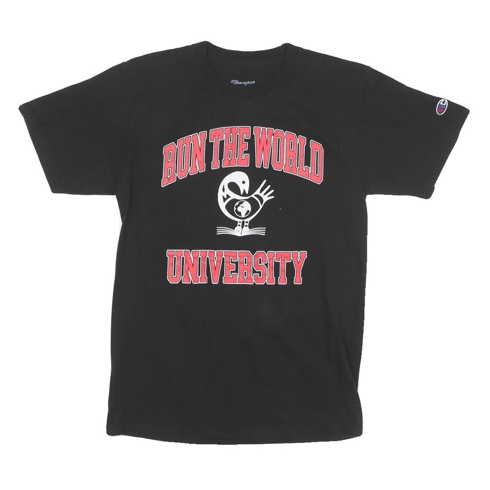 CHAMPION Mens Black Run The World University Graphic T-Shirt S Short Sleeve Crew