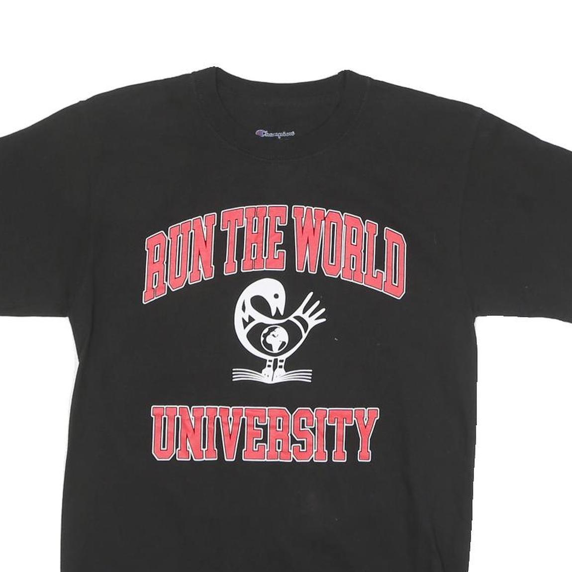 CHAMPION Mens Black Run The World University Graphic T-Shirt S Short Sleeve Crew