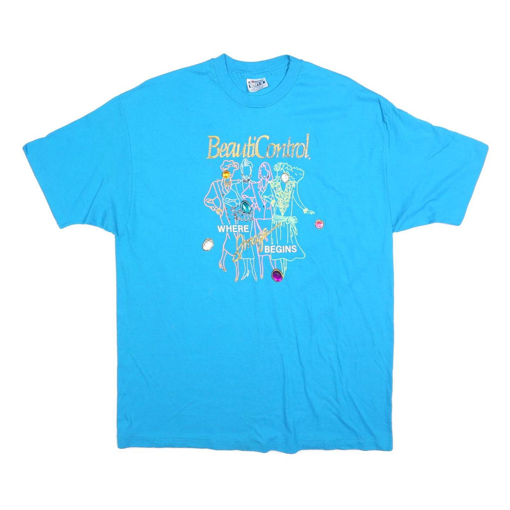 HANES Mens Blue Graphic T-Shirt XL Short Sleeve Crew Neck BeautiControl Design