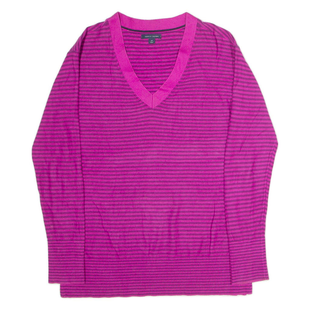 TOMMY HILFIGER Womens Patterned Jumper Purple Striped V-Neck Tight Knit S