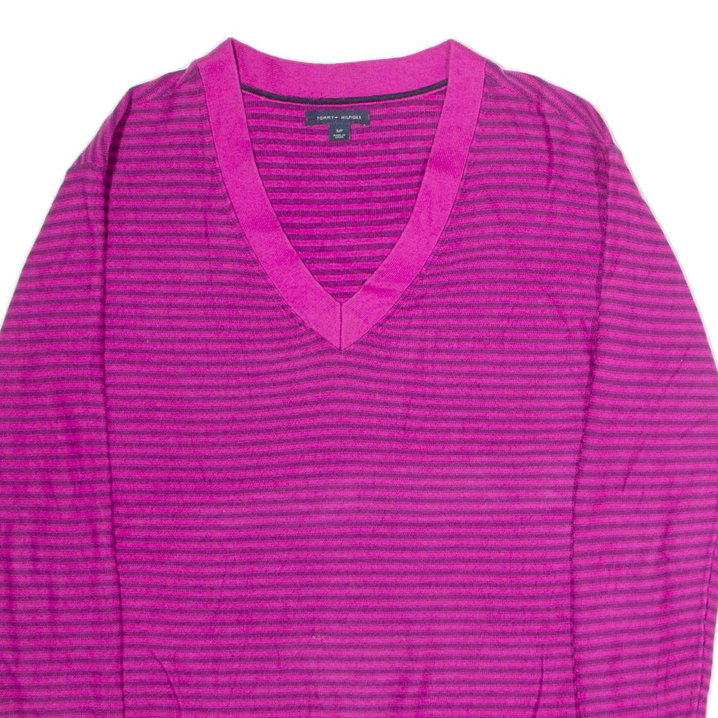 TOMMY HILFIGER Womens Patterned Jumper Purple Striped V-Neck Tight Knit S