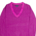 TOMMY HILFIGER Womens Patterned Jumper Purple Striped V-Neck Tight Knit S