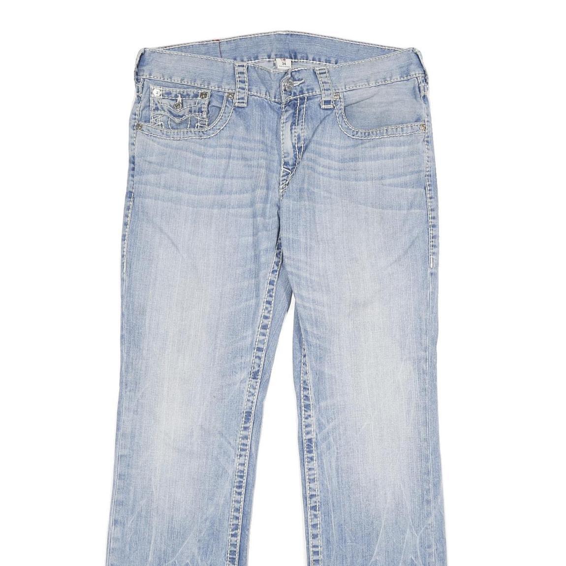 TRUE RELIGION Mens Jeans Blue Regular Straight Denim Light W34 L34 Zip Cotton