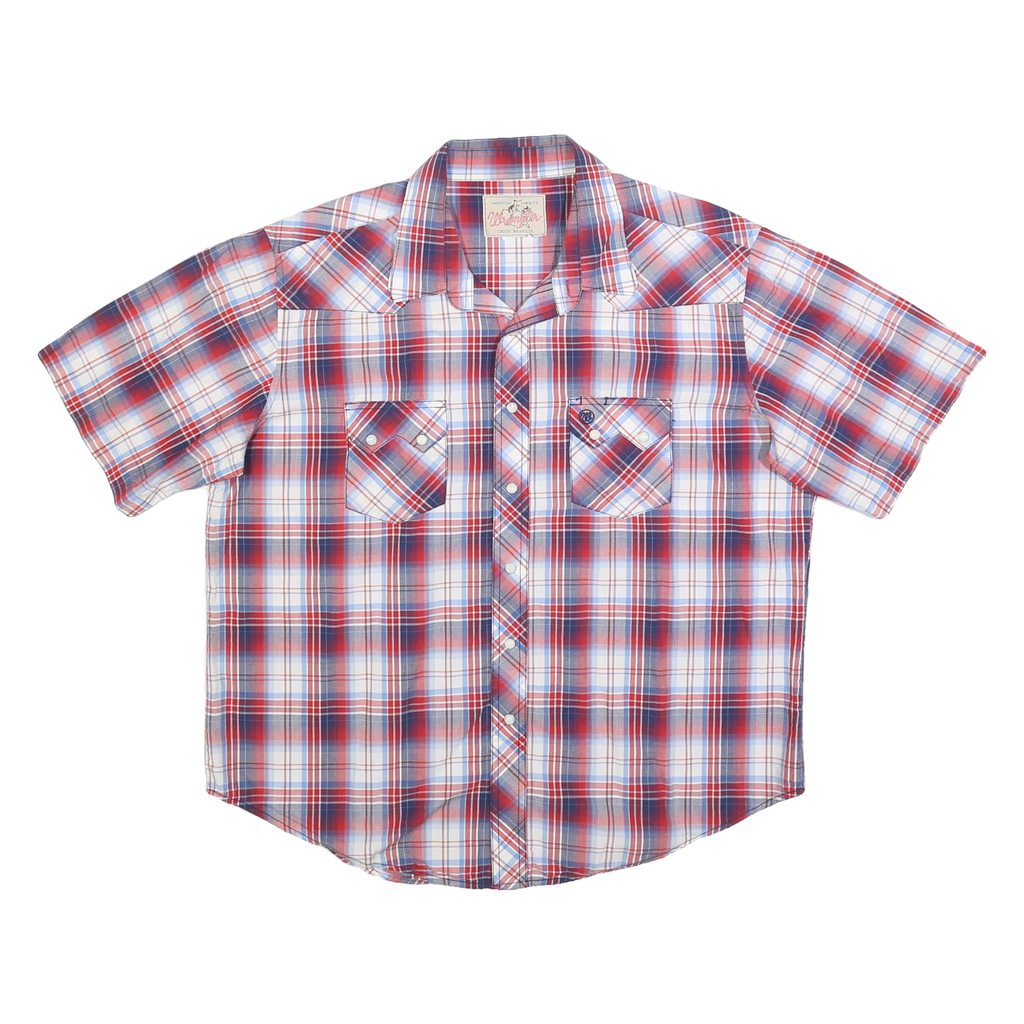 WRANGLER Mens Blue Red & White Plaid Shirt L Classic Cotton Blend Short Sleeve