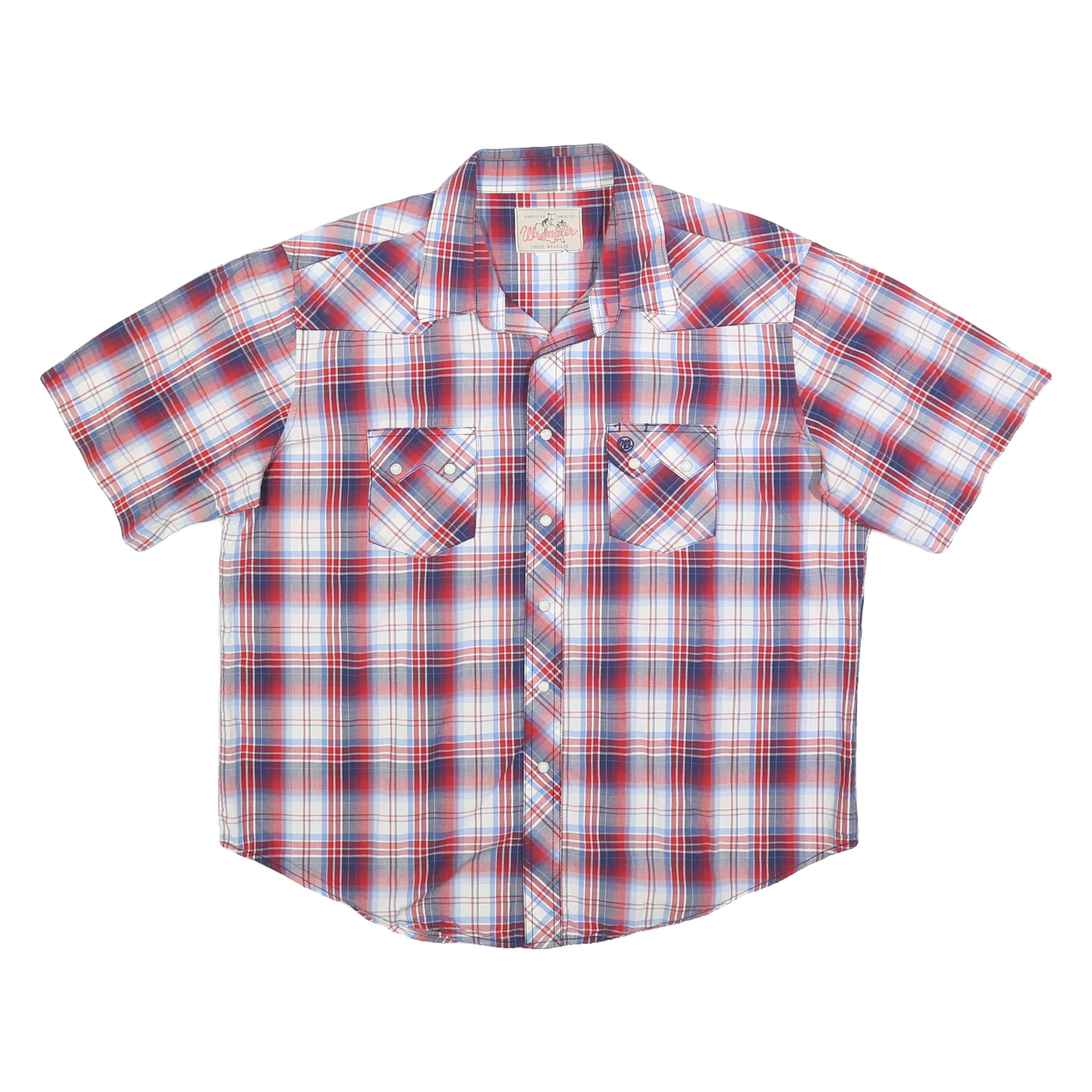 WRANGLER Mens Blue Red & White Plaid Shirt L Classic Cotton Blend Short Sleeve