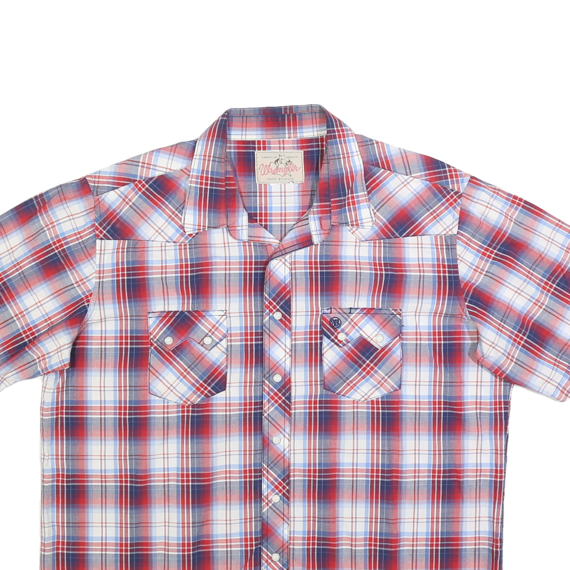 WRANGLER Mens Blue Red & White Plaid Shirt L Classic Cotton Blend Short Sleeve