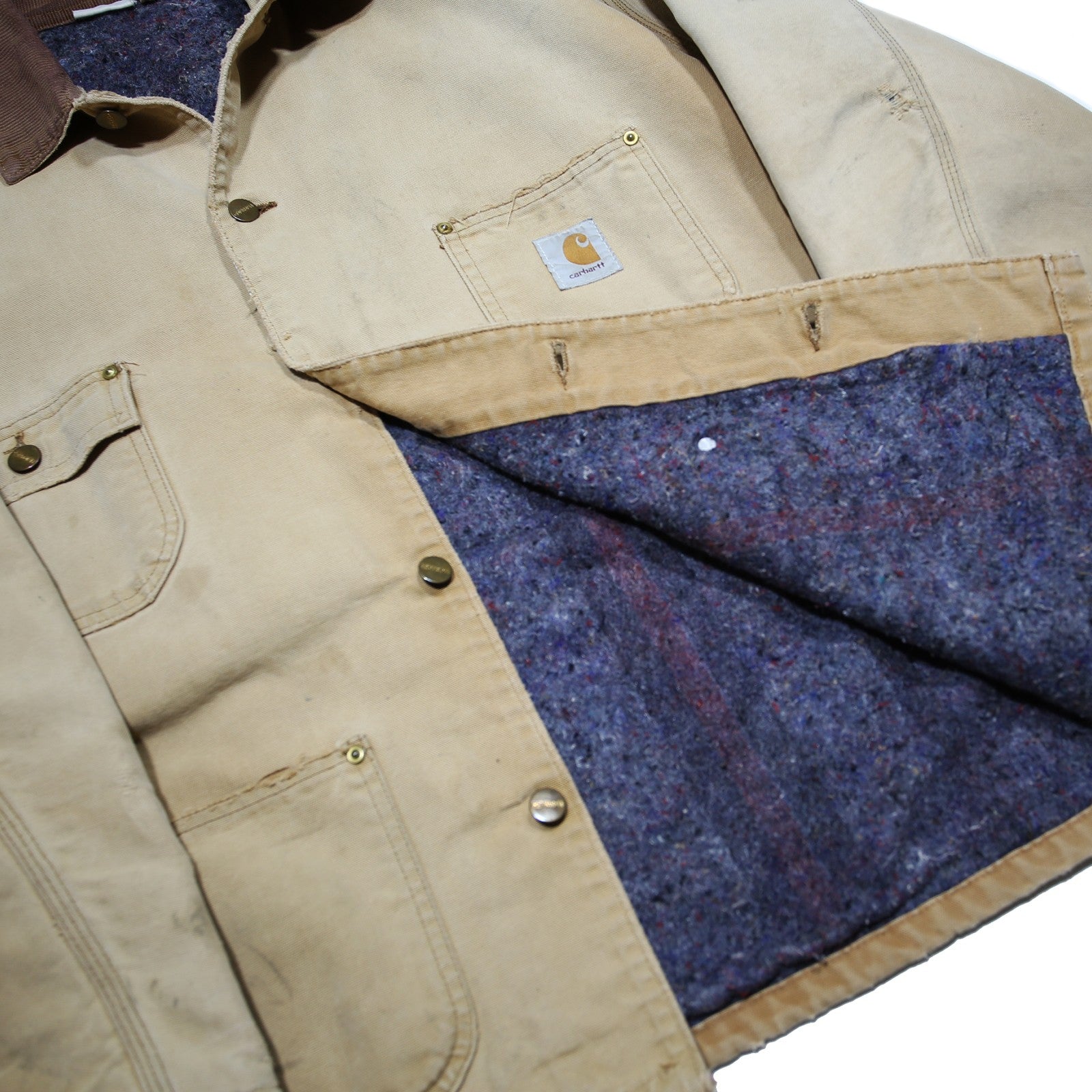 CARHARTT Blanket Lined Mens Beige Cotton Workwear Chore Jacket XL Distressed