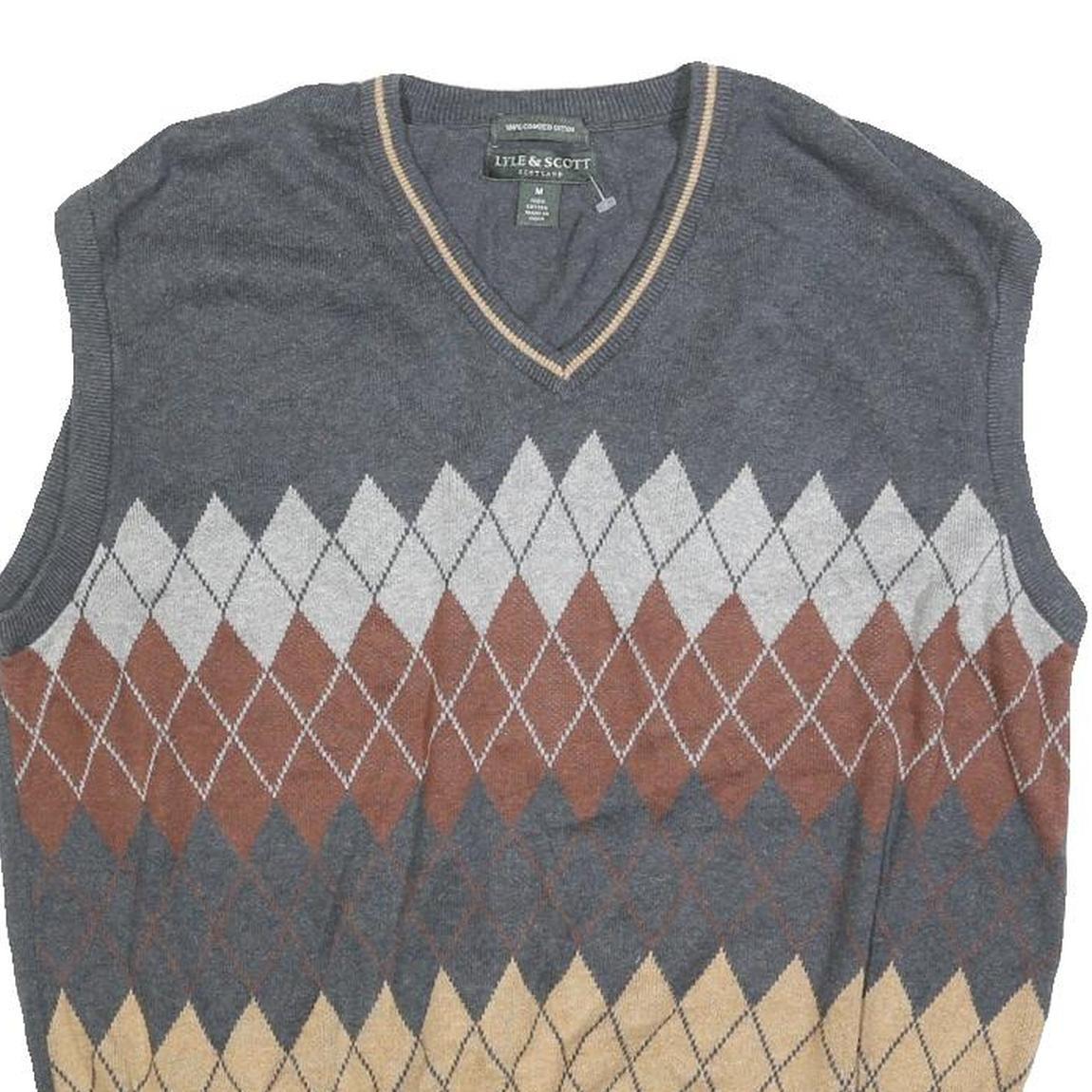 LYLE & SCOTT Mens Grey Brown Beige Argyle Pattern V-Neck Cotton Jumper Vest M
