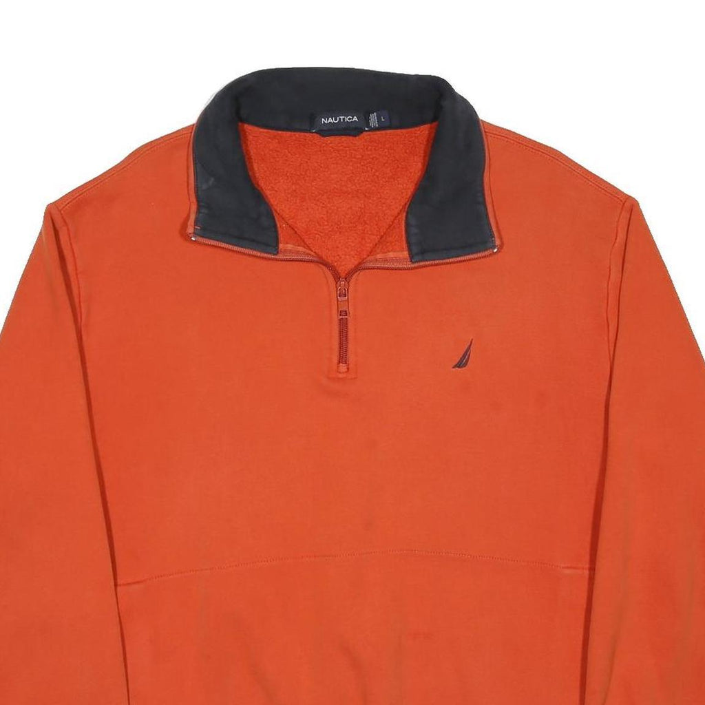 NAUTICA Mens Orange & Navy Quarter Zip Sweatshirt L Cotton Blend Casual Pullover