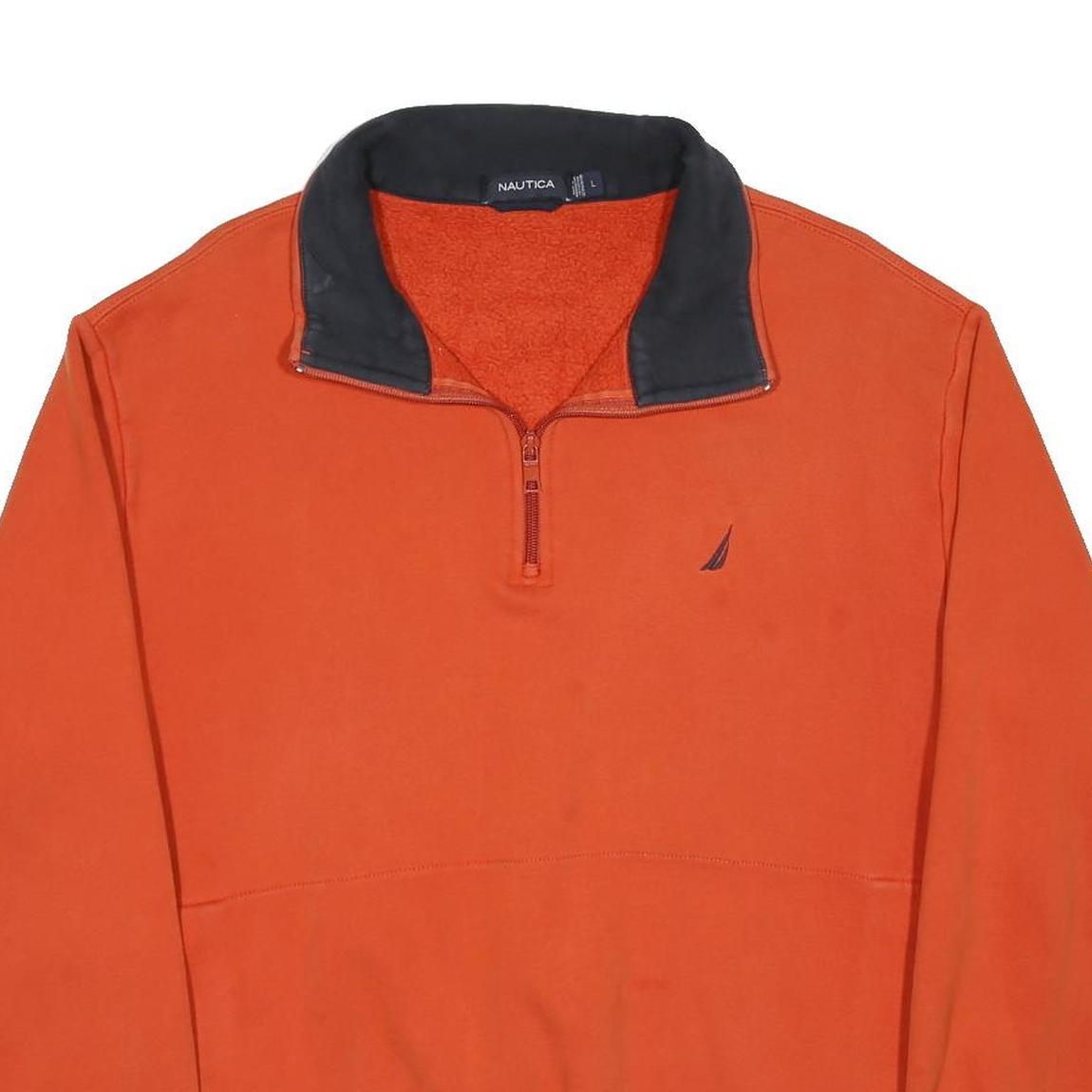 NAUTICA Mens Orange & Navy Quarter Zip Sweatshirt L Cotton Blend Casual Pullover