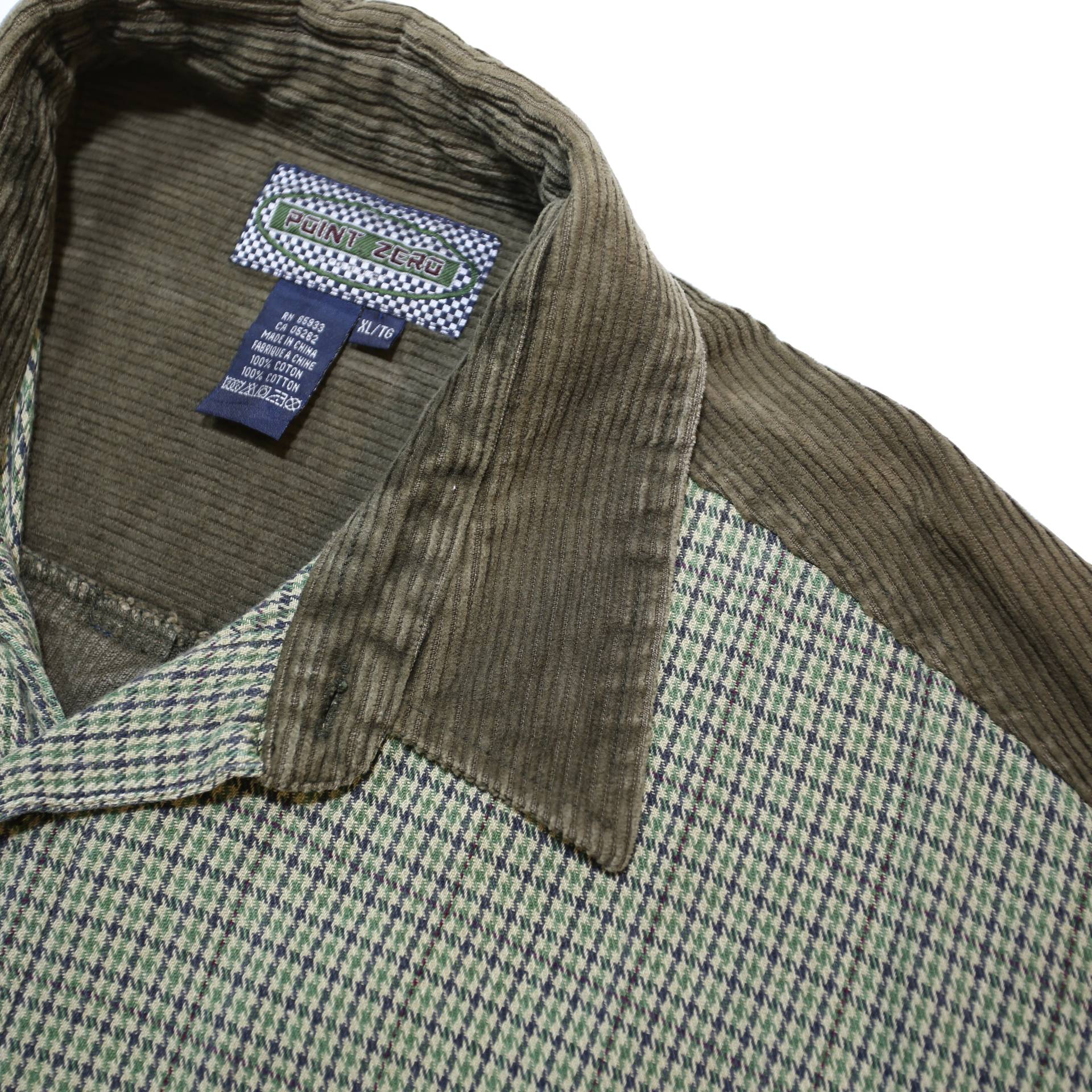 POINT ZERO Mens Green & Olive Long Sleeve Cotton Shirt XL Corduroy Contrast