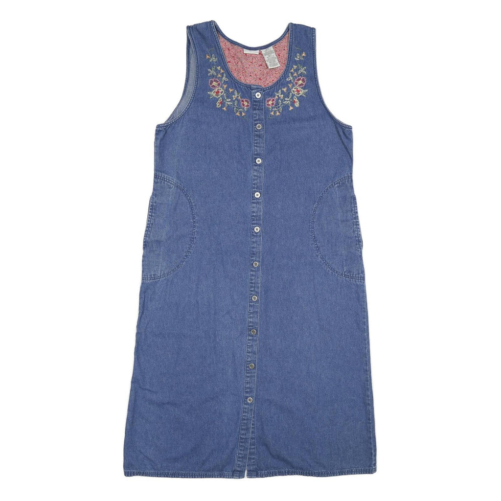 WHITE STAG Womens Blue Denim Cotton Sleeveless Button Midi Dress Embroidered