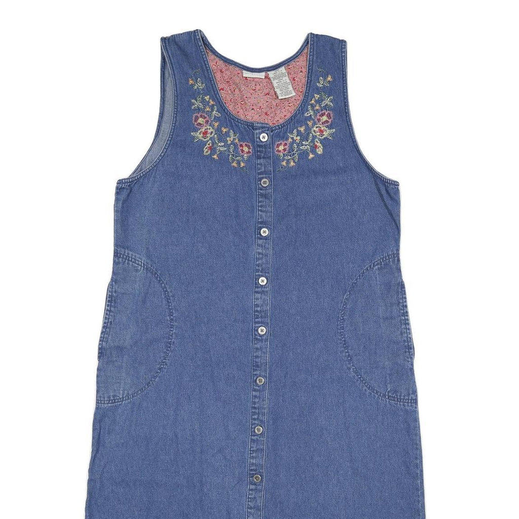 WHITE STAG Womens Blue Denim Cotton Sleeveless Button Midi Dress Embroidered