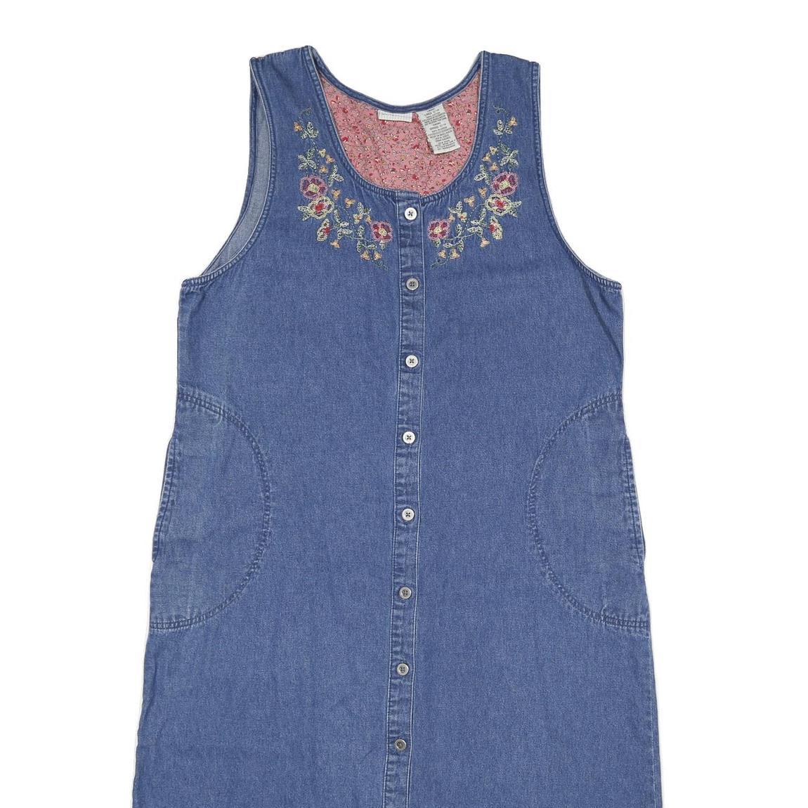 WHITE STAG Womens Blue Denim Cotton Sleeveless Button Midi Dress Embroidered