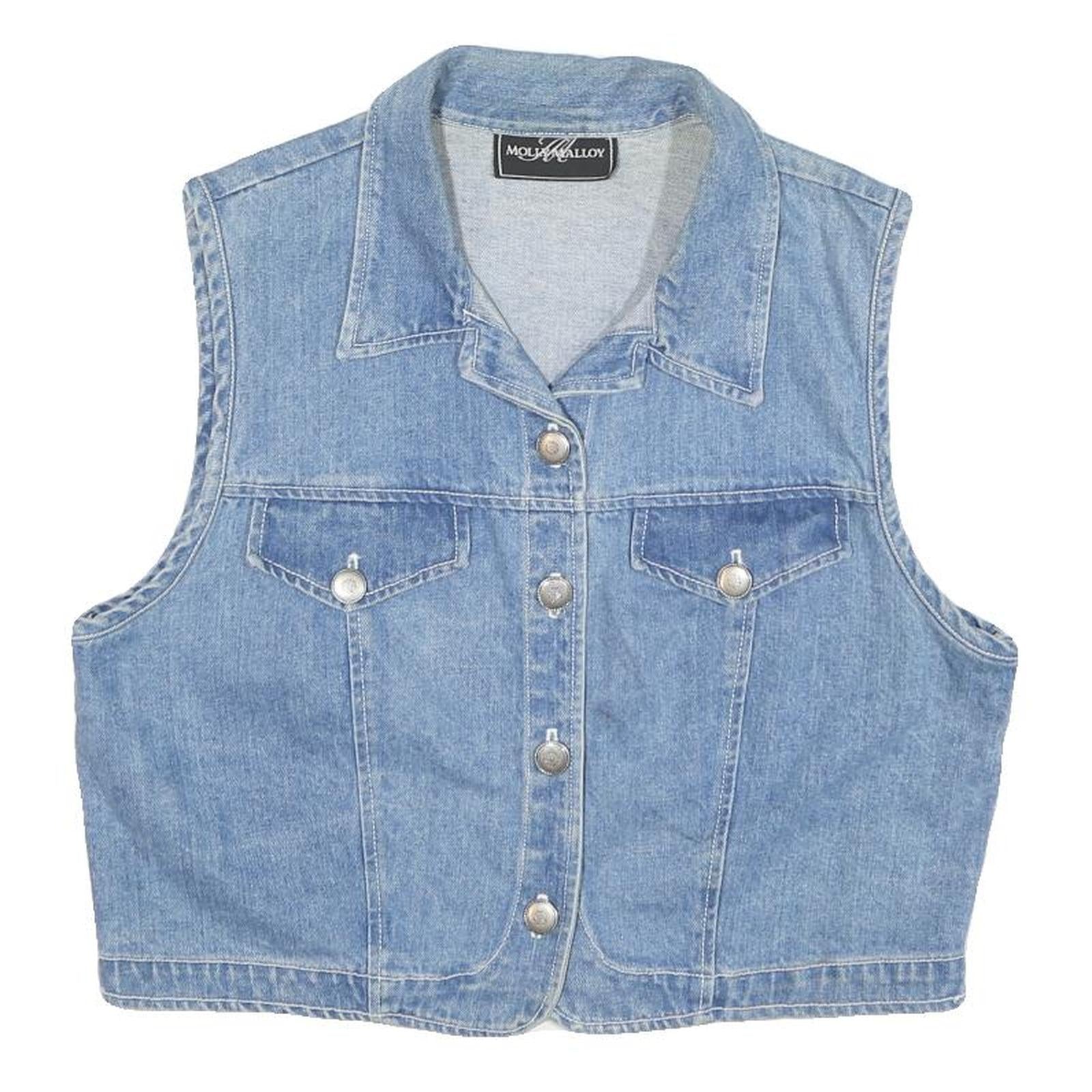 MOLLY MALLOY Womens Blue Denim Button Cotton Blend Jacket S Casual Sleeveless