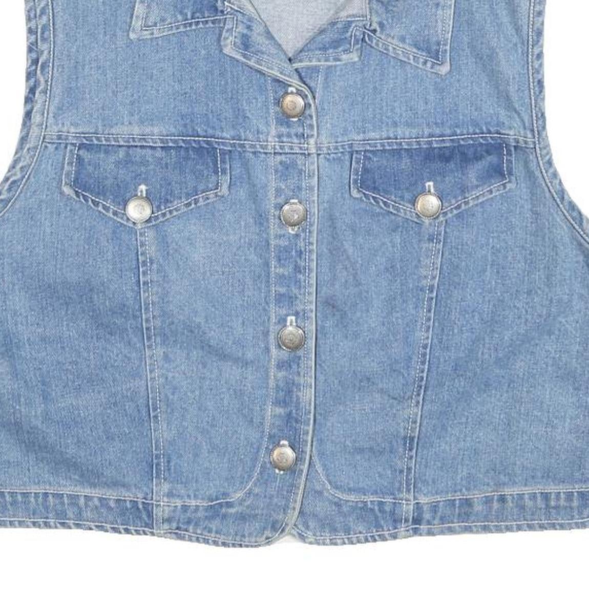 MOLLY MALLOY Womens Blue Denim Button Cotton Blend Jacket S Casual Sleeveless