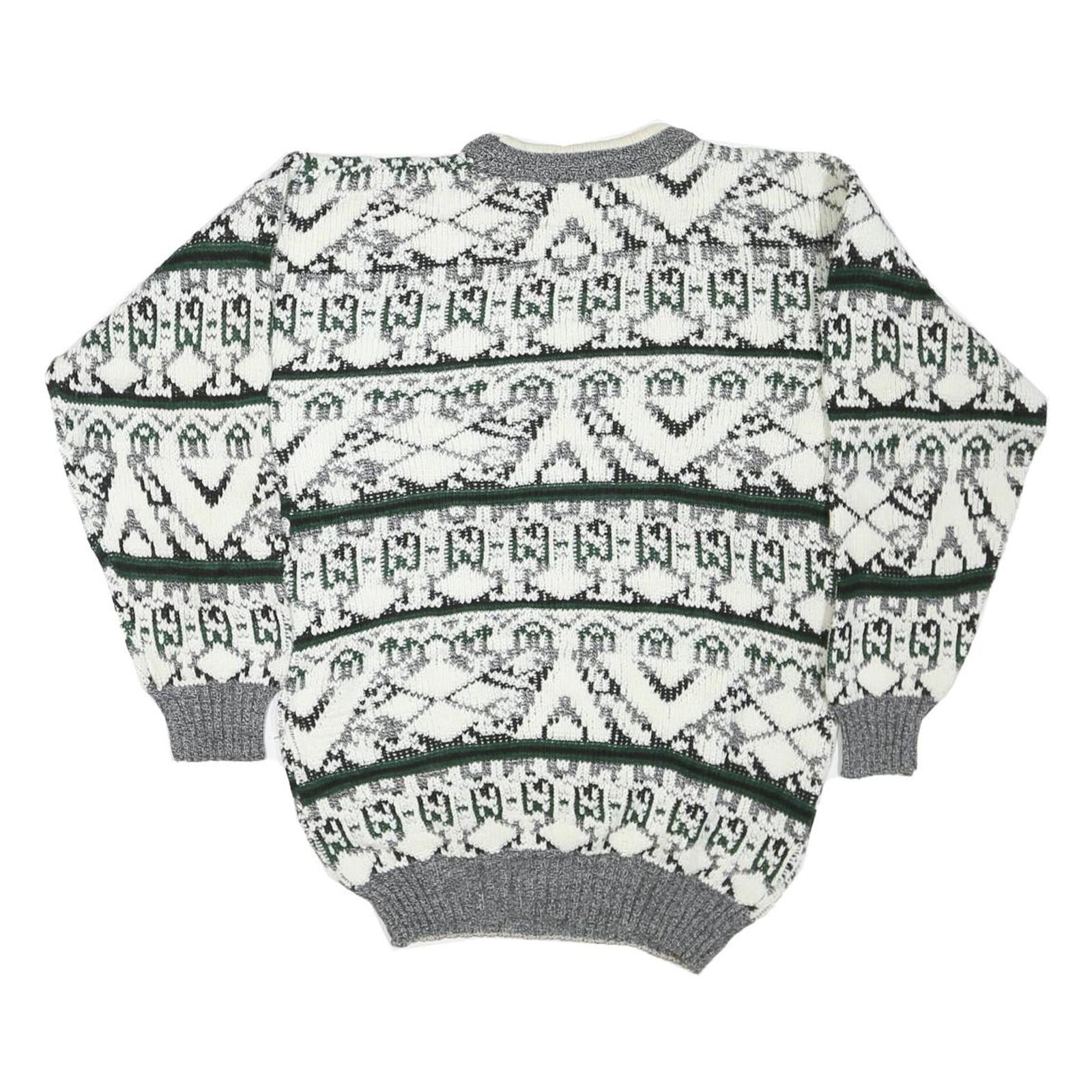 FUTURE TREND Mens White Grey & Green Patterned Cotton Blend Jumper Regular Fit S