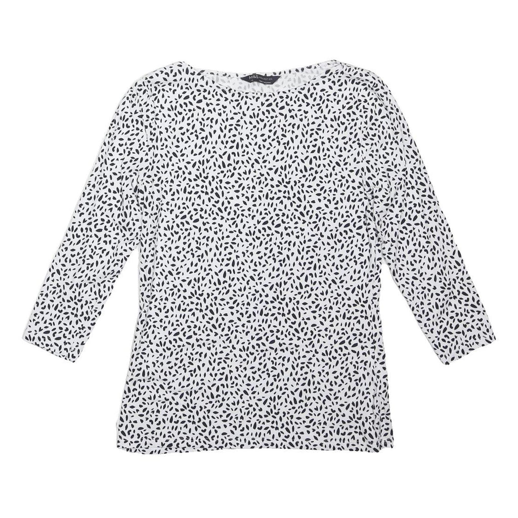 M&S Womens White & Black Printed Long Sleeve Round Neck Top UK 10 Cotton Blend