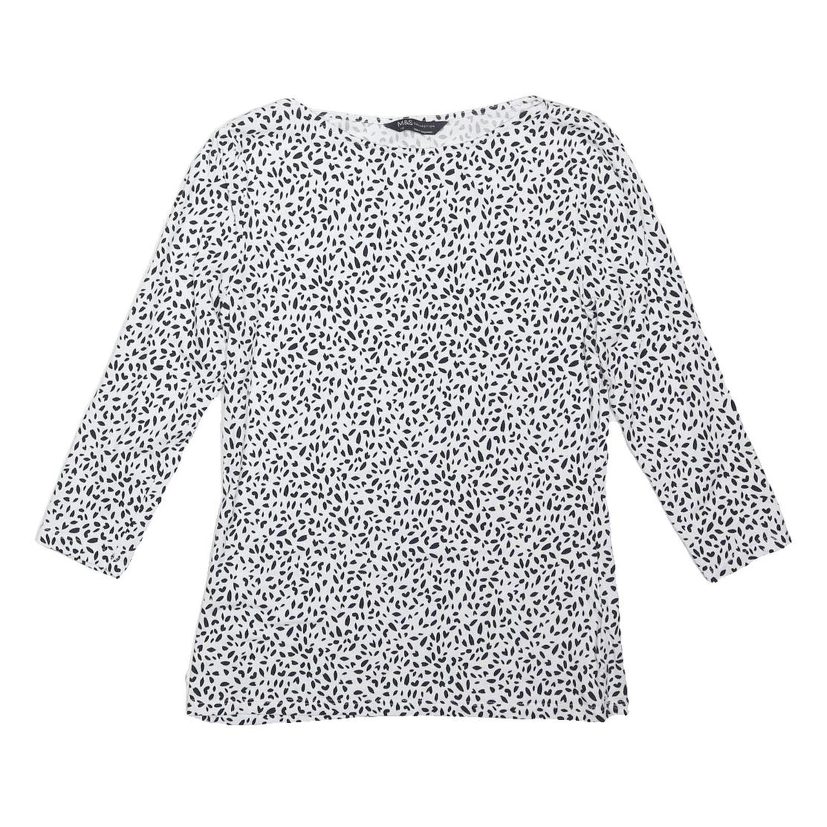 M&S Womens White & Black Printed Long Sleeve Round Neck Top UK 10 Cotton Blend