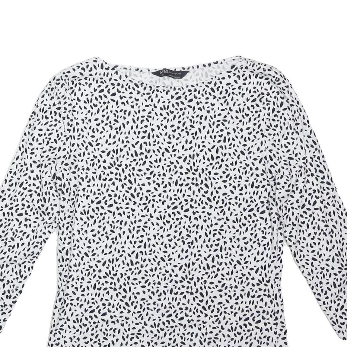 M&S Womens White & Black Printed Long Sleeve Round Neck Top UK 10 Cotton Blend
