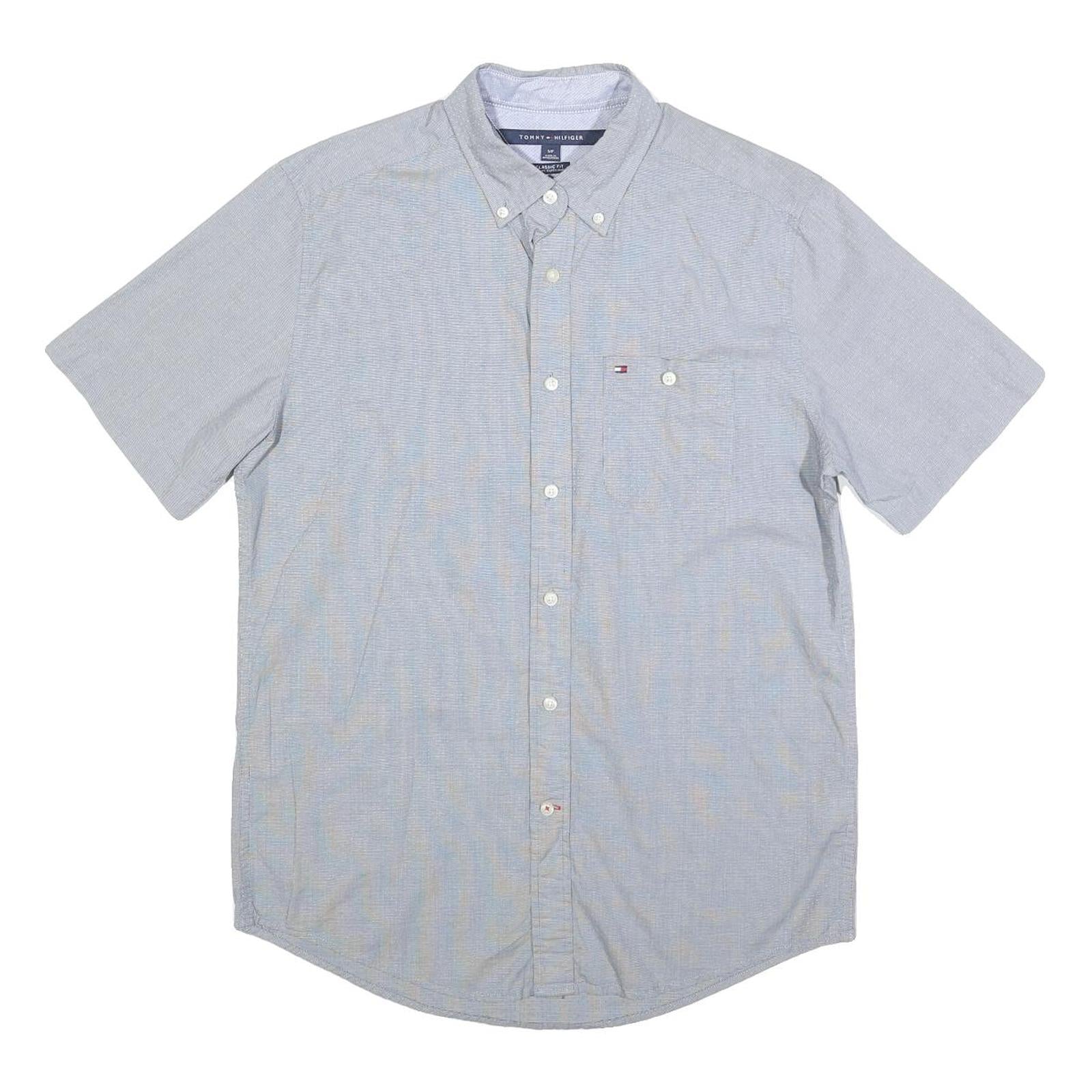 TOMMY HILFIGER Mens Blue Button-Down Short Sleeve Shirt S Cotton Classic Fit