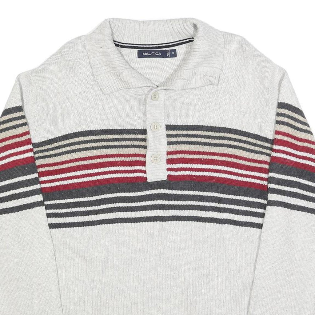 NAUTICA Mens Cream & Red Striped Pattern Shawl Collar Pullover Jumper M Cotton