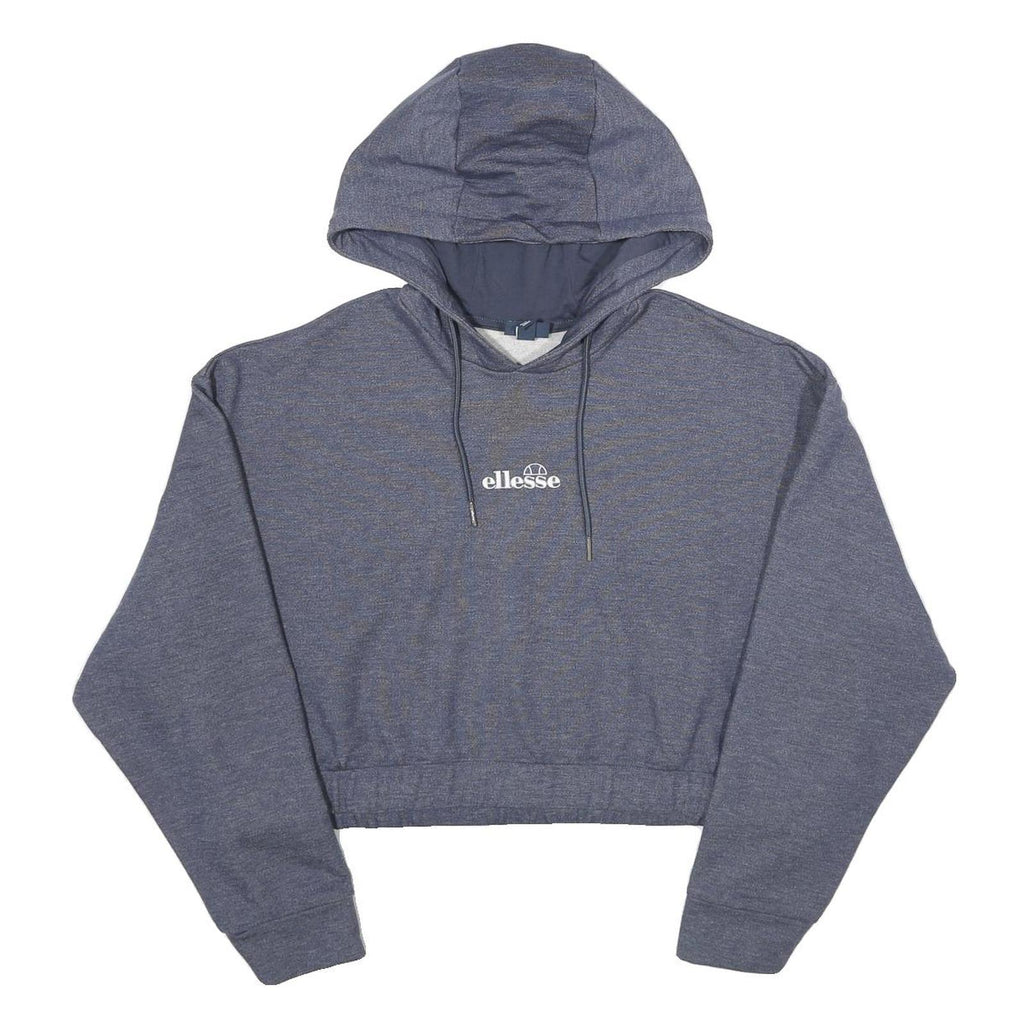 ELLESSE Womens Blue Pullover Hoodie UK 8 Cotton Blend Cropped Drawstring Hood