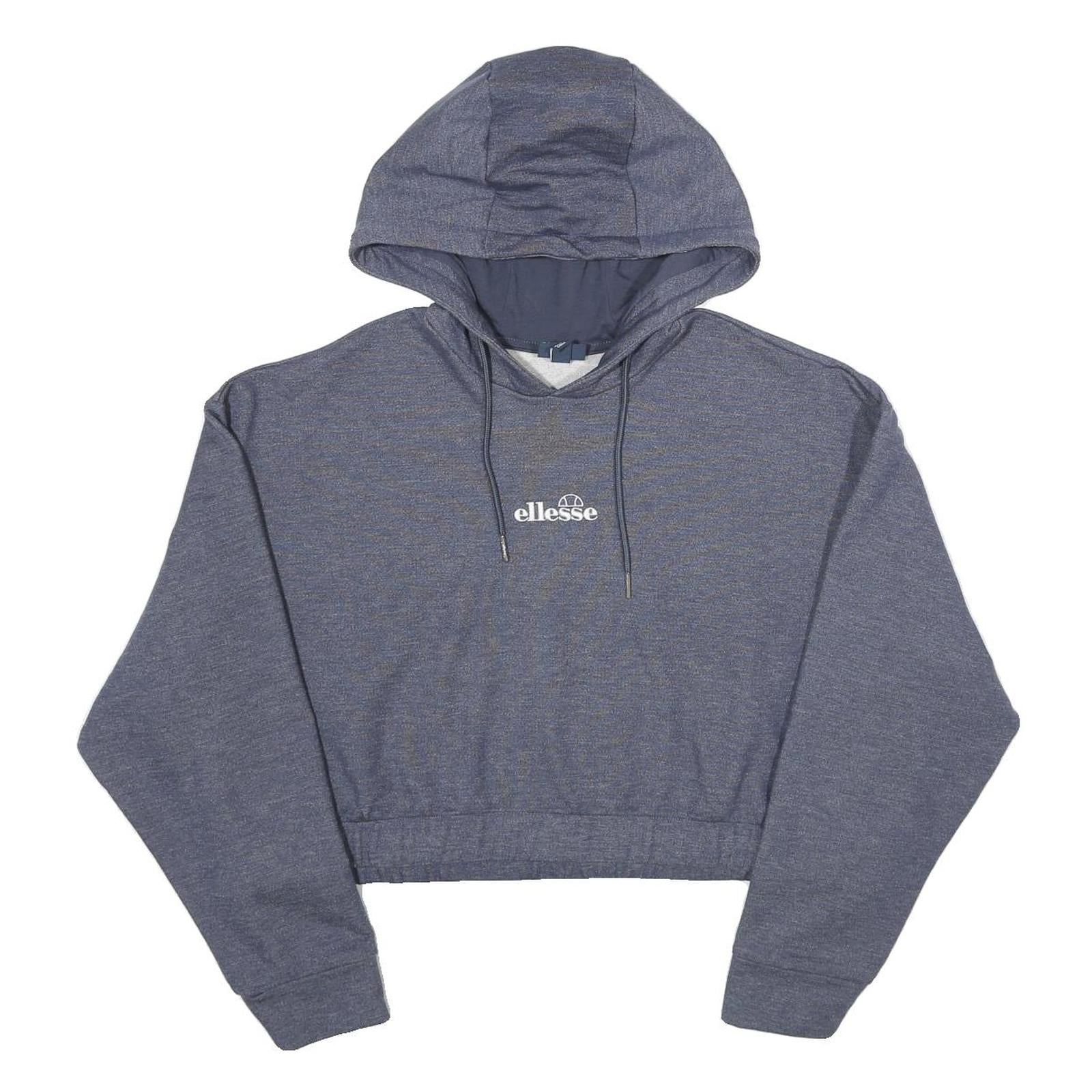 ELLESSE Womens Blue Pullover Hoodie UK 8 Cotton Blend Cropped Drawstring Hood