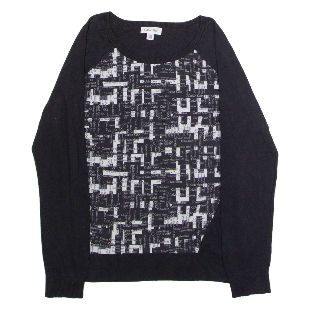 CALVIN KLEIN Mens Patterned Jumper Black Crazy Pattern Crew Neck Tight Knit M